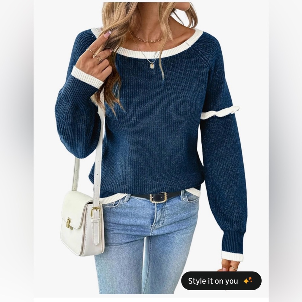 Blue and White Ruffle Crewneck Sweater
